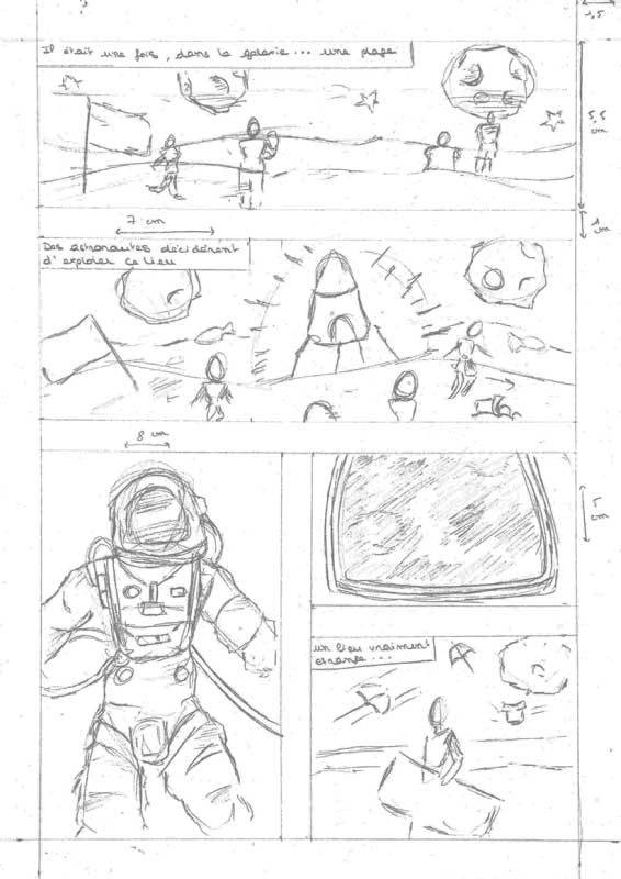 scan du croquis de la planche de BD Plage galactique par Lisa Gad's